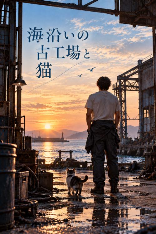海沿いの古工場と猫