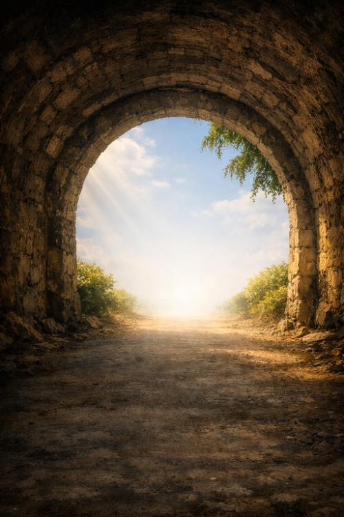 トンネルの向こうからさしこむ光の中で