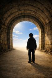 トンネルの向こうからさしこむ光の中で